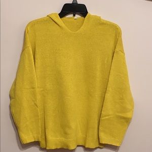 V-Neckline Solid Sweater Shift Sweaters with Hoodie, Color Yellow, Size M